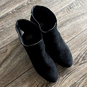 Eileen Fisher black suede pull up block heel ankle booties